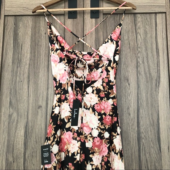 Lulus Moment of Chic Black Floral Print Satin Lace-Up Midi Dress - Picture 7 of 8